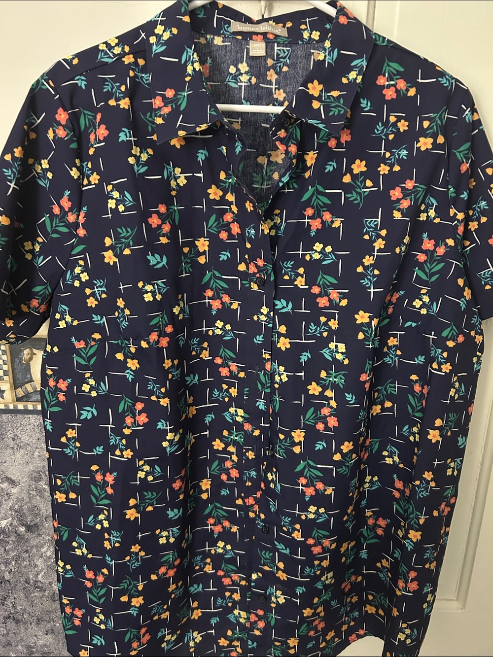 Woman Within Navy Short-Sleeve Button-Down with Multicolor Floral Print